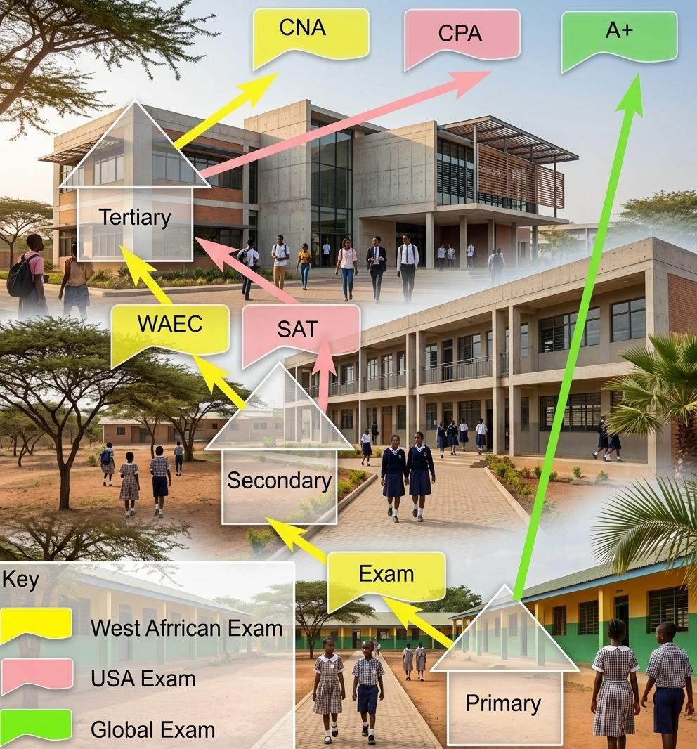 A student's path upward through primary school, an exam, secondary school, the WAEC or SAT exam, and university, before reaching the CNA or CPA certifications. A separate green arrow runs from primary school directly to the A plus technical certification, bypassing every institution.