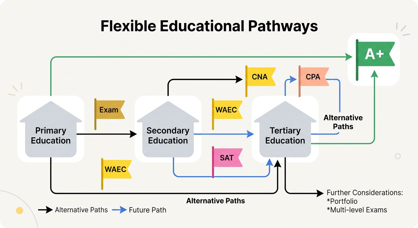 Diagram titled Flexible Educational Pathways. Primary, secondary and tertiary education sit in a row, joined by exam flags labelled Exam, WAEC and SAT. Alternative and future paths branch around them, running from primary and secondary directly to the CNA, CPA and A plus certifications. A note at the side reads Further Considerations: Portfolio, Multi-level Exams.